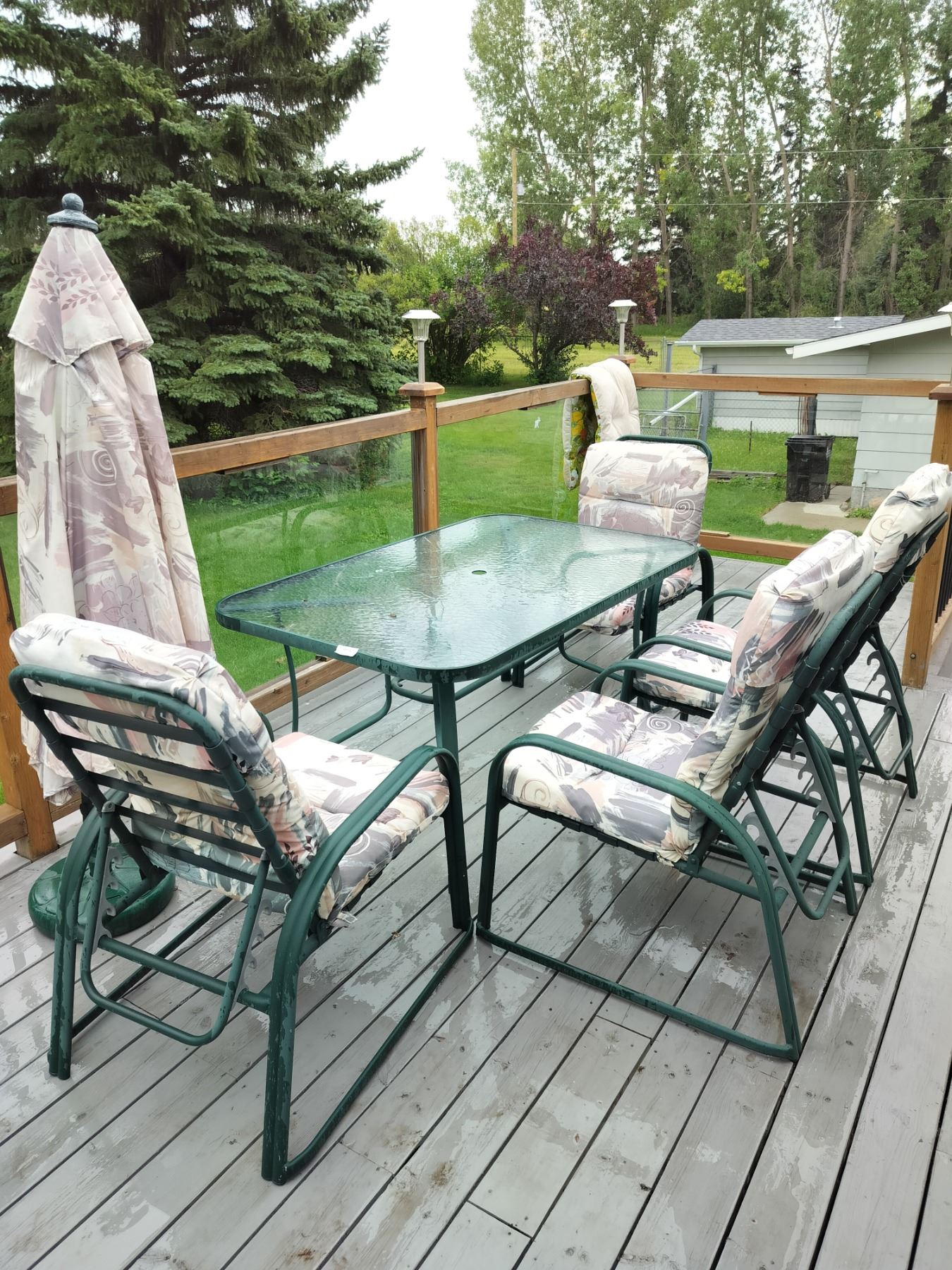 Glass Top Patio Table, 4 Chairs with Cushions, Umbrella & Stand Beck