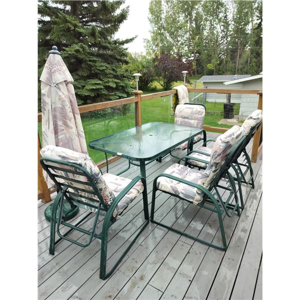 Glass Top Patio Table, 4 Chairs with Cushions, Umbrella & Stand