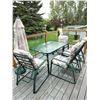 Image 1 : Glass Top Patio Table, 4 Chairs with Cushions, Umbrella & Stand