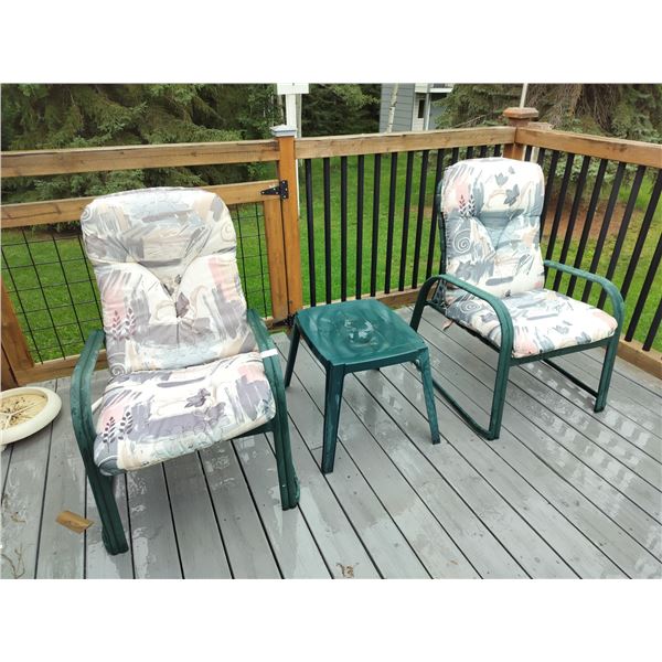 2 Patio Chairs with Cushions & Plastic Table