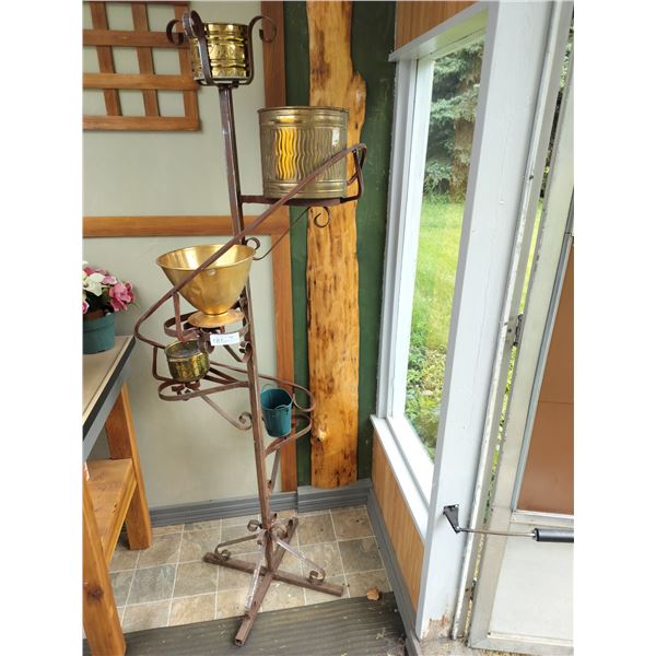 Rustic Spiral Plant Stand with Brass Planters