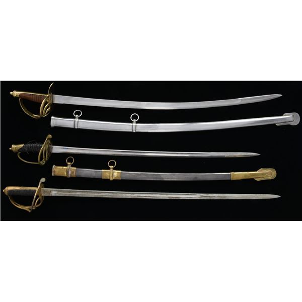 2 REPRODUCTION SABERS & 1 BRITISH SWORD.