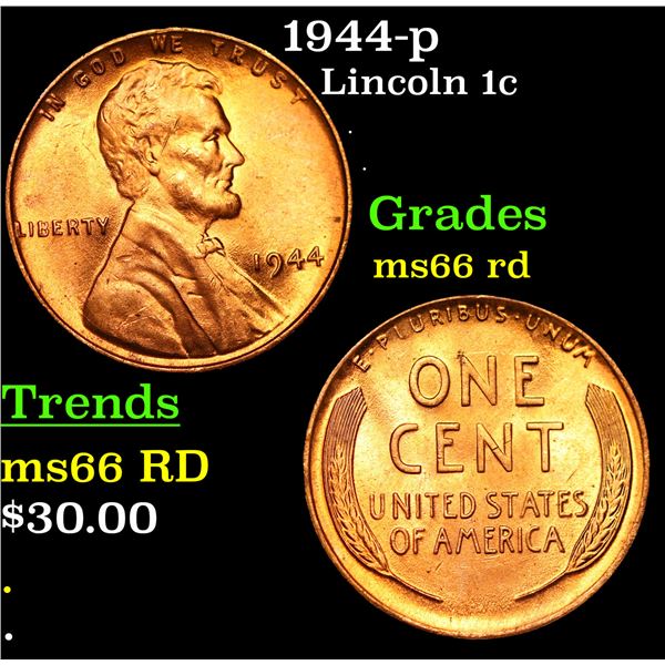 1944-p Lincoln Cent 1c Grades GEM+ Unc RD