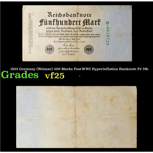 1922 Germany (Weimar) 500 Marks Post-WWI Hyperinflation Banknote P# 74b Grades vf+