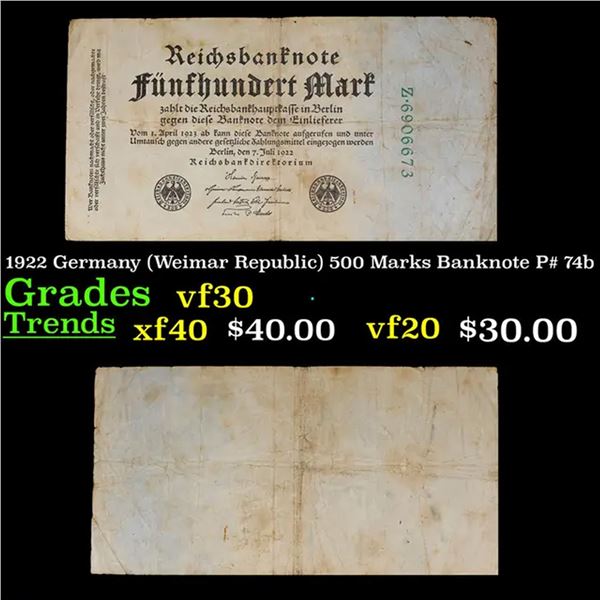 1922 Germany (Weimar Republic) 500 Marks Banknote P# 74b Grades vf++