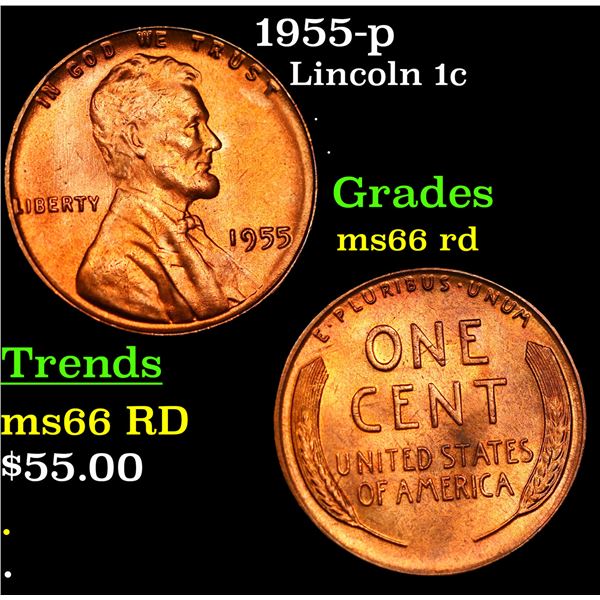 1955-p Lincoln Cent 1c Grades GEM+ Unc RD