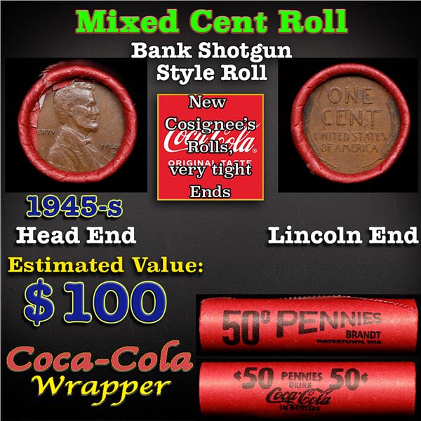 Mixed small cents 1c orig shotgun roll, 1945-s Lincoln Cent, Wheat Cent other end, Coca-Cola Brandt 