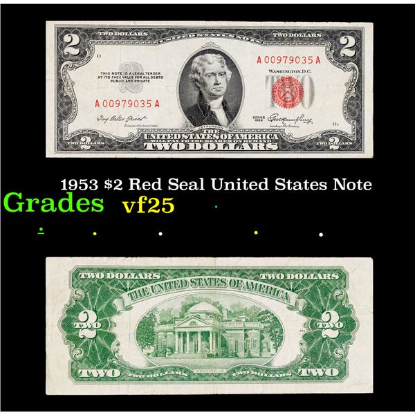 1953 $2 Red Seal United States Note Grades vf+