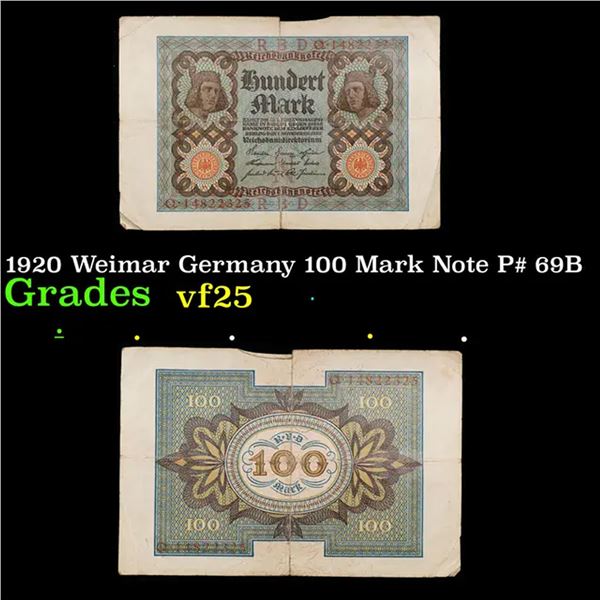 1920 Weimar Germany 100 Mark Note P# 69B Grades vf+