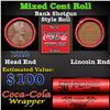 Image 1 : Mixed small cents 1c orig shotgun roll, 1918-p Lincoln Cent, Wheat Cent other end, Coca-Cola Brandt 