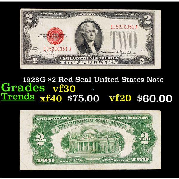 1928G $2 Red Seal United States Note Grades vf++