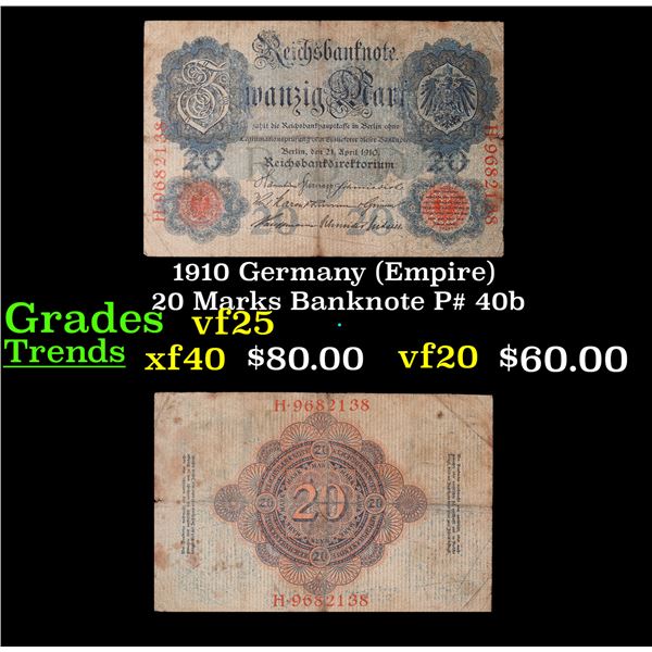 1910 Germany (Empire) 20 Marks Banknote P# 40b Grades vf+