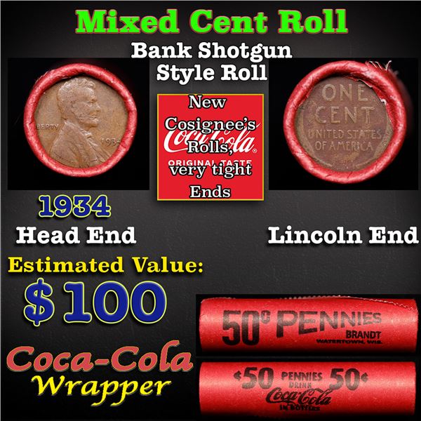 Mixed small cents 1c orig shotgun roll, 1934-p Lincoln Cent, Wheat Cent other end, Coca-Cola Brandt 
