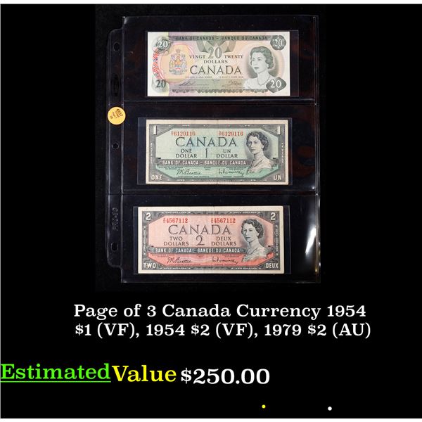 Page of 3 Canada Currency 1954 $1 (VF), 1954 $2 (VF), 1979 $2 (AU)