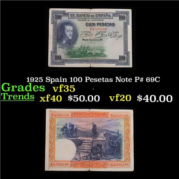 1925 Spain 100 Pesetas Note P# 69C Grades vf++