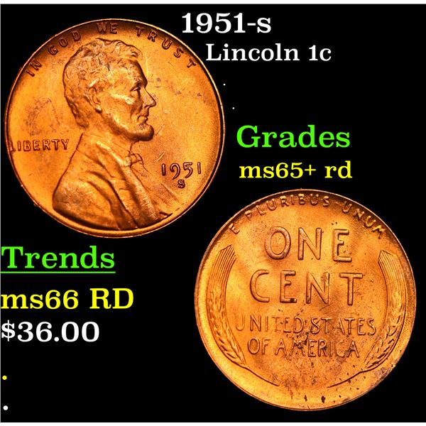 1951-s Lincoln Cent 1c Grades Gem+ Unc RD