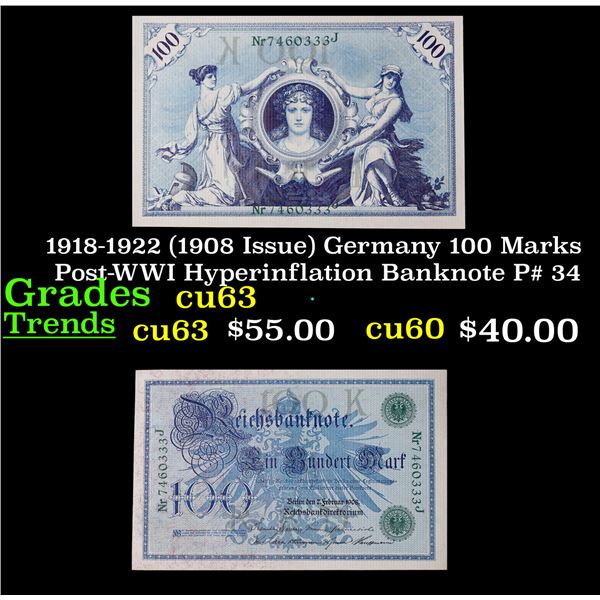 1918-1922 (1908 Issue) Germany 100 Marks Post-WWI Hyperinflation Banknote P# 34 Grades Select CU