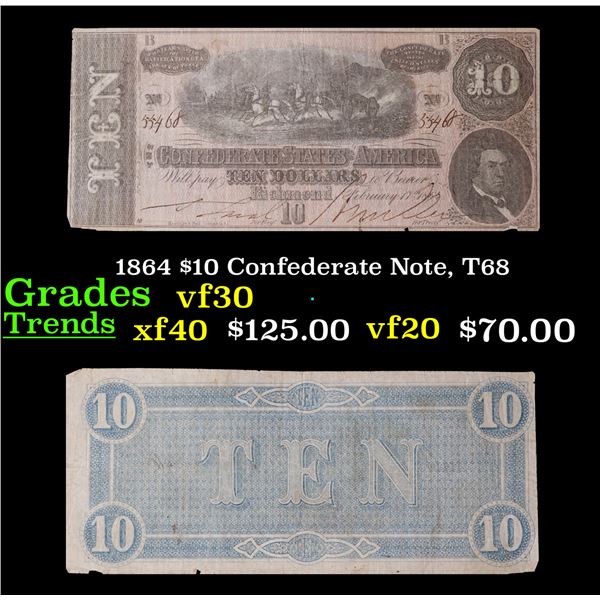 1864 $10 Confederate Note, T68 Grades vf++