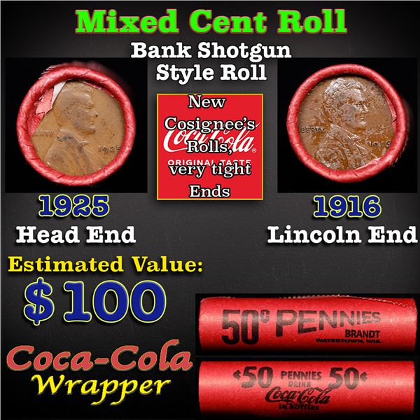 Mixed small cents 1c orig shotgun roll, 1916-p Lincoln Cent, 1925-p Lincoln Cent other end, Coca-Col