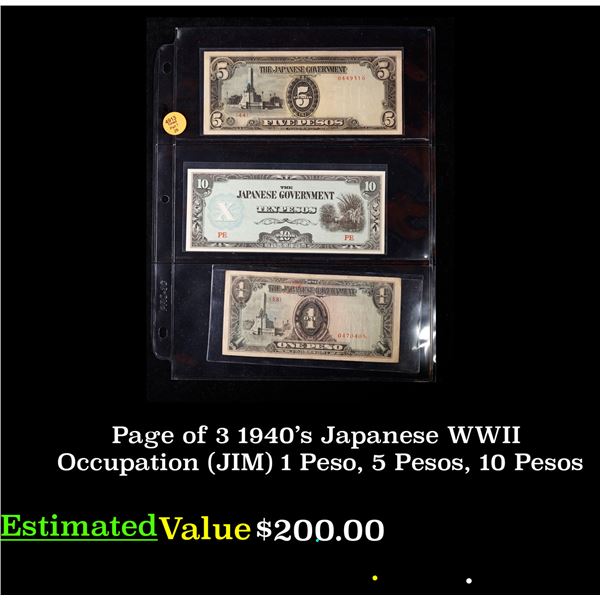 Page of 3 1940's Japanese WWII Occupation (JIM) 1 Peso, 5 Pesos, 10 Pesos