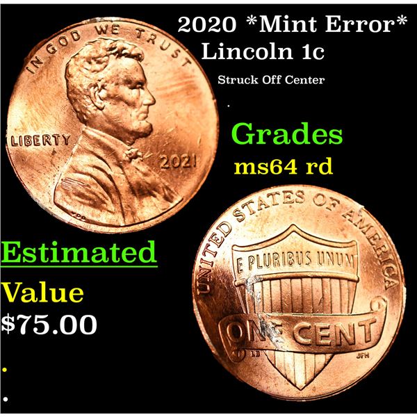 2020 Lincoln Cent *Mint Error* 1c Grades Choice Unc RD