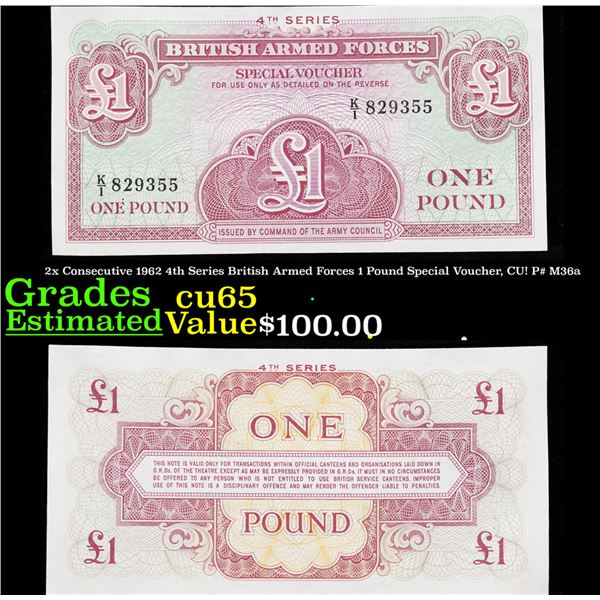 2x Consecutive 1962 4th Series British Armed Forces 1 Pound Special Voucher, CU! P# M36a Grades Gem 