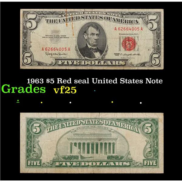 1963 $5 Red seal United States Note Grades vf+