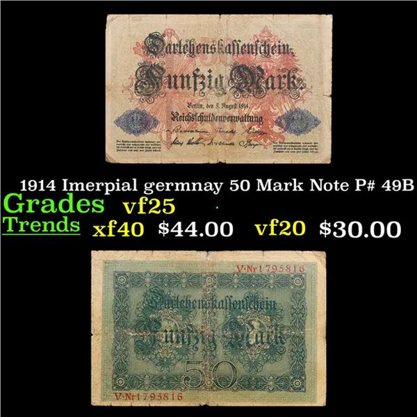 1914 Imerpial germnay 50 Mark Note P# 49B Grades vf+