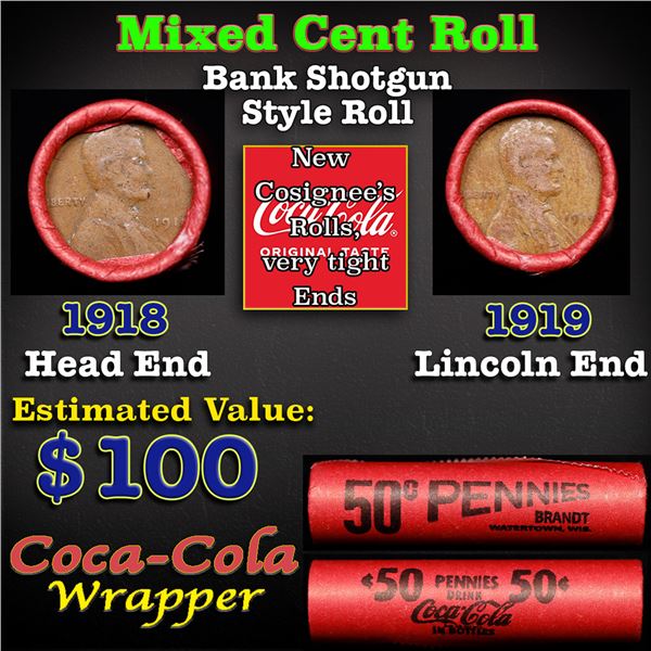 Mixed small cents 1c orig shotgun roll, 1918-p Lincoln Cent, 1919-p Lincoln Cent other end, Coca-Col