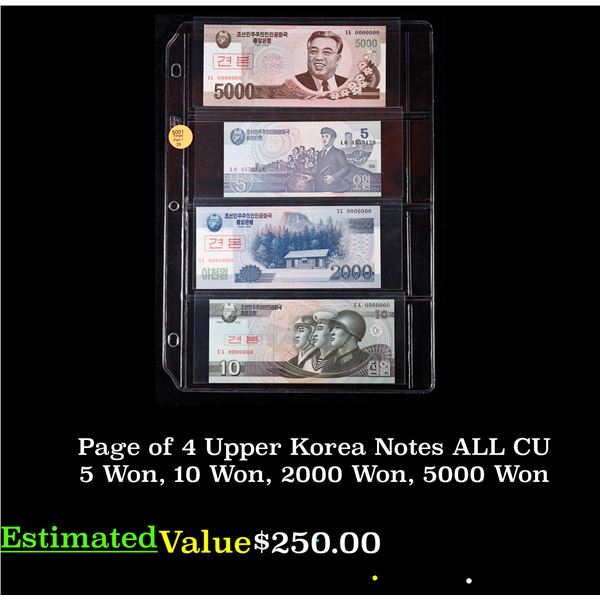 Page of 4 Upper Korea Notes ALL CU 5 Won, 10 Won, 2000 Won, 5000 Won