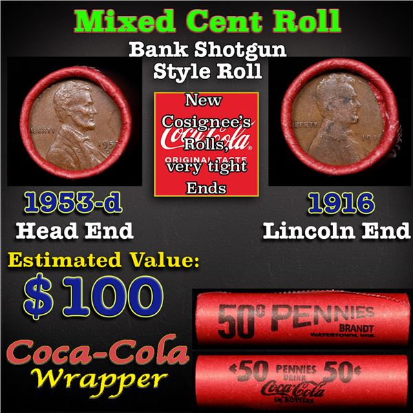Mixed small cents 1c orig shotgun roll, 1916-p Lincoln Cent, 1953-d Lincoln Cent other end, Coca-Col
