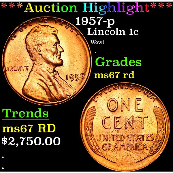 ***Auction Highlight*** 1957-p Lincoln Cent 1c Graded GEM++ Unc RD BY USCG (fc)