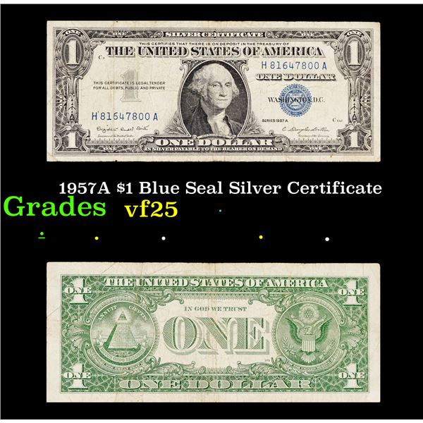 1957A $1 Blue Seal Silver Certificate Grades vf+