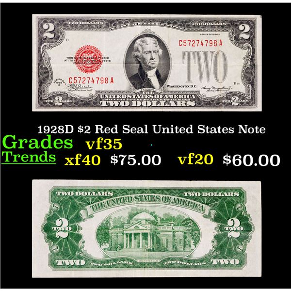 1928D $2 Red Seal United States Note Grades vf++