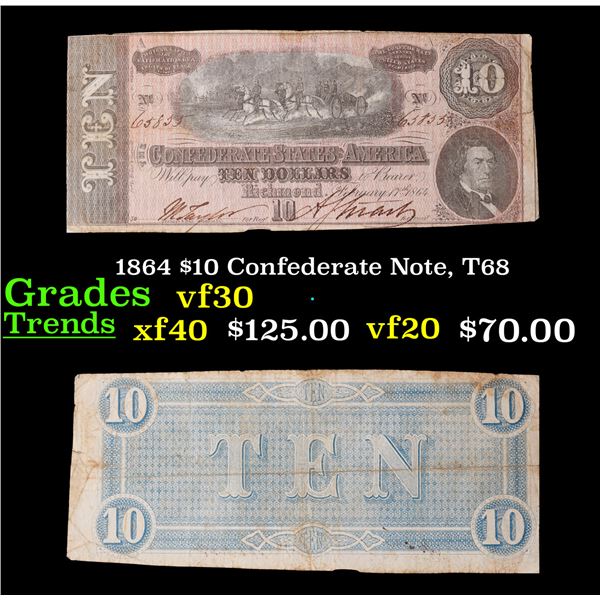 1864 $10 Confederate Note, T68 Grades vf++