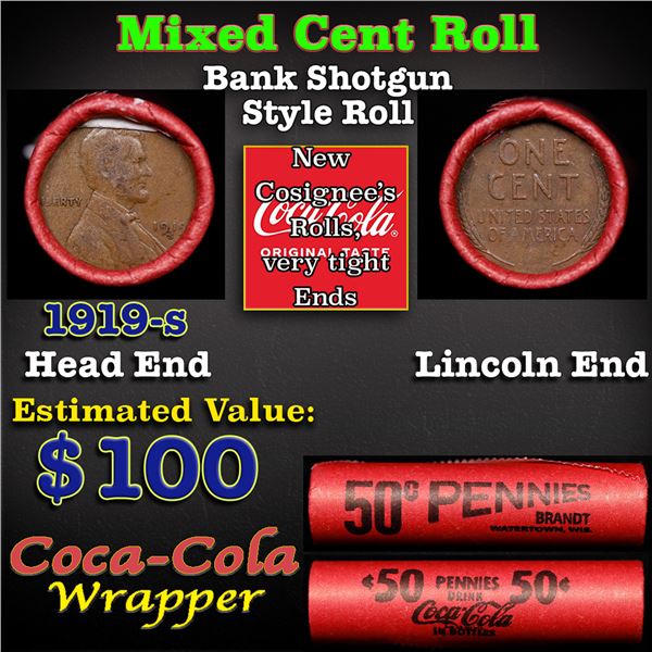 Mixed small cents 1c orig shotgun roll, 1919-s Lincoln Cent, Wheat Cent other end, Coca-Cola Brandt 