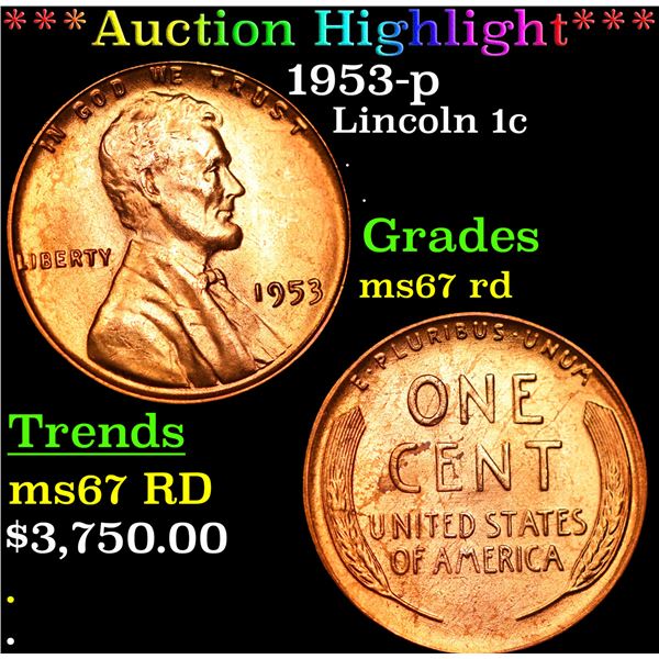 ***Auction Highlight*** 1953-p Lincoln Cent 1c Graded GEM++ Unc RD BY USCG (fc)