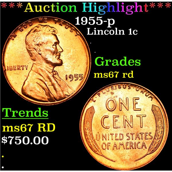***Auction Highlight*** 1955-p Lincoln Cent 1c Graded GEM++ Unc RD BY USCG (fc)