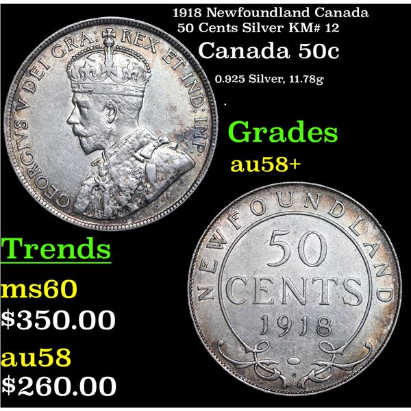 1918 Newfoundland Canada 50 Cents Silver KM# 12 Grades Choice AU/BU Slider+