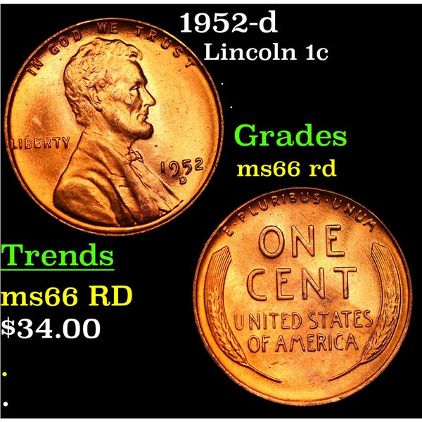 1952-d Lincoln Cent 1c Grades GEM+ Unc RD