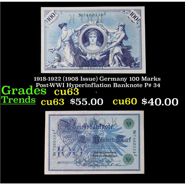 1918-1922 (1908 Issue) Germany 100 Marks Post-WWI Hyperinflation Banknote P# 34 Grades Select CU