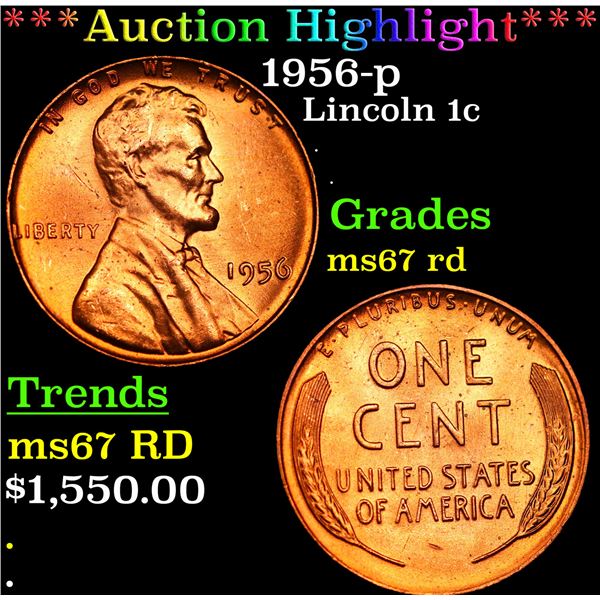 ***Auction Highlight*** 1956-p Lincoln Cent 1c Graded GEM++ Unc RD BY USCG (fc)