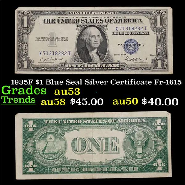 1935F $1 Blue Seal Silver Certificate Fr-1615 Grades Select AU