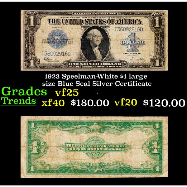 1923 Speelman-White $1 large size Blue Seal Silver Certificate Grades vf+