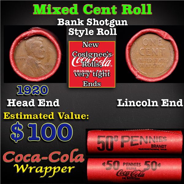 Mixed small cents 1c orig shotgun roll, 1920-p Lincoln Cent, Wheat Cent other end, Coca-Cola Brandt 