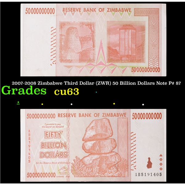 2007-2008 Zimbabwe Third Dollar (ZWR) 50 Billion Dollars Note P# 87 Grades Select CU
