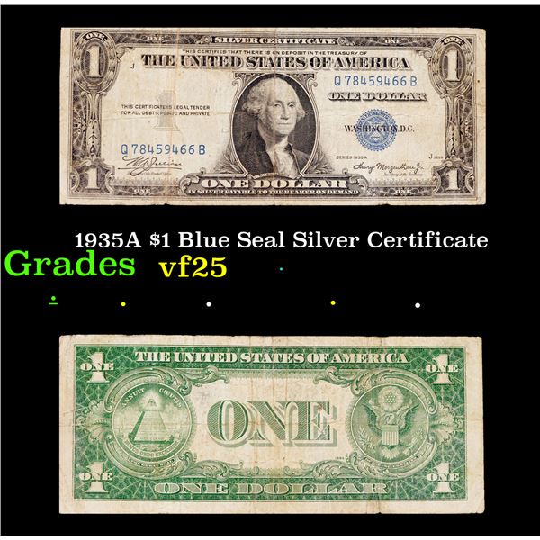 1935A $1 Blue Seal Silver Certificate Grades vf+