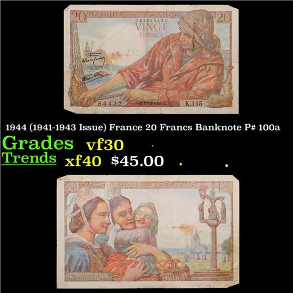 1944 (1941-1943 Issue) France 20 Francs Banknote P# 100a Grades vf++