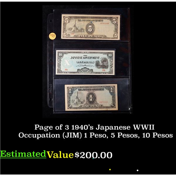 Page of 3 1940's Japanese WWII Occupation (JIM) 1 Peso, 5 Pesos, 10 Pesos