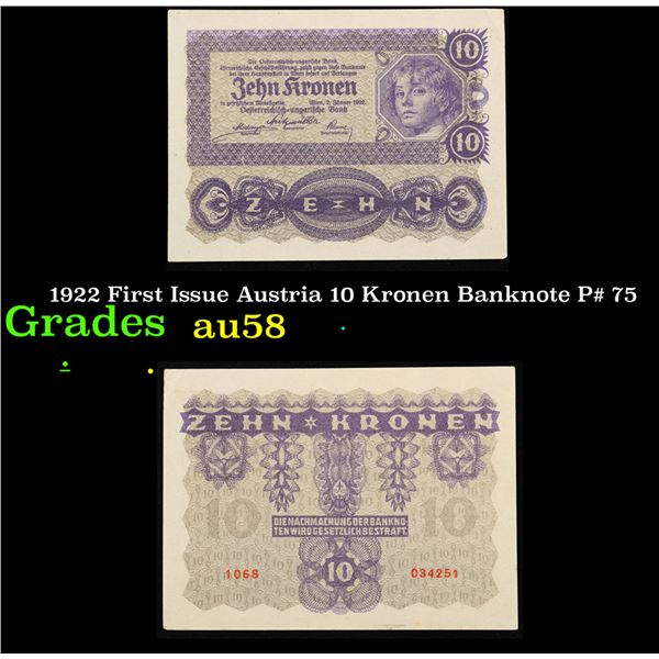 1922 First Issue Austria 10 Kronen Banknote P# 75 Grades Choice AU/BU Slider